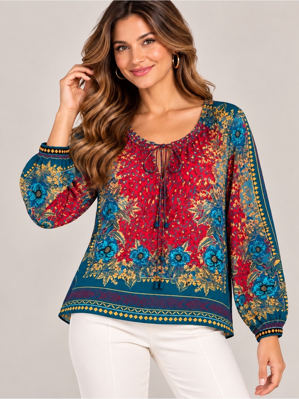 Hale Bob Boho Silk Blend Blouse Tassel Tie Floral Print Top Small